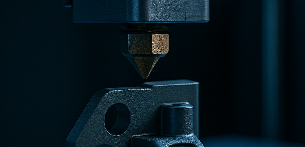 3D-Drucker in Aktion - Fertigung von Prototypen Detailaufnahme einer 3D Druckdüse über einem technischen Bauteil.