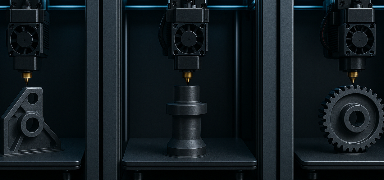 3 FDM-3D-Drucker mit Bauteilen: Lagerbock, Welle, Zahnrad Drei 3D-Drucker mit verschiedenen gedruckten Bauteilen aus schwarzem Kunststoff.